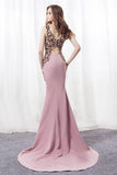 Elegant Mermaid Pink Sweep Train Bateau Long Prom Dresses With Beading OK885