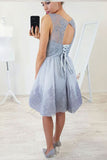 A-Line Round Neck Open Back Short Blue Homecoming Dresses with Lace Appliques OKB82