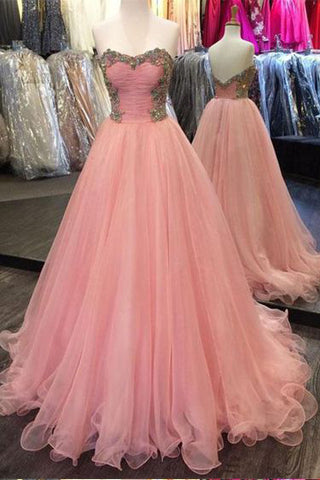 Sweetheart Prom Dresses,Tulle Prom Gown,A Line Prom Dress,Pink  Prom Dress,Beading Prom Dress
