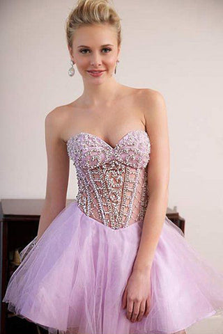 Cute A Line Sweetheart Tulle Pink Beading Homecoming Dress OKC38