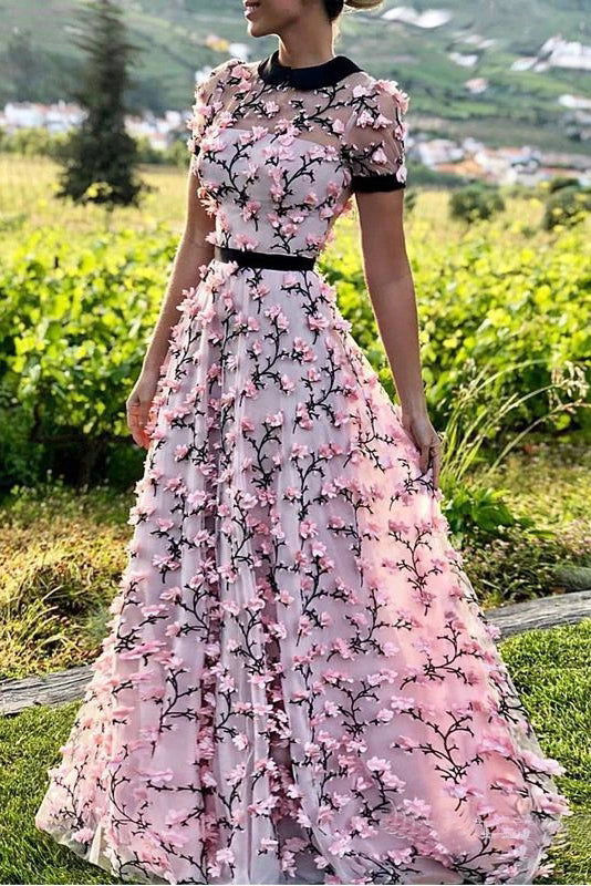 Floral Long Short Sleeves Cheap Prom Dress with Appliques OKN12