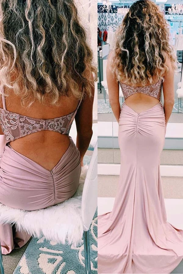 Elegant Spaghetti Straps Mermaid Beaded Pink Long Prom Dress OKU9