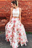 Two Piece Prom Dresses,Floral Prom Gown,Long Evening Dress,Graduation Party Dress