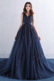Dark Blue Prom Dresses,V Neck Prom Dress