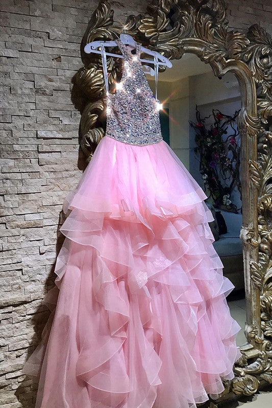Sexy Prom Dresses,Pink Prom Dress,Crystal Prom Dresses,Beaded Prom Dress,Ruffles Prom Dresses,Pretty Evening Dress