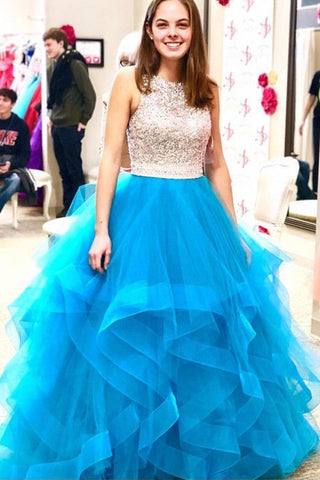 Beads Organza Ruffles Ice Blue Ball Gown Prom Dresses OKE57