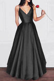 Charming A Line V Neck Satin Spaghetti Straps Long Prom Dresses,Girls Graduation Dresses OKB29