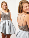 Spaghetti Straps Short Silver Beads A Line Backless Sexy Homecoming Dress OK380