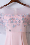 Elegant Pink Round Neck Short Sleeves Satin Lace Applique Long Prom Dress OK649