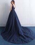 Dark Blue V Neck A Line Appliques Tulle Long Prom Dresses OK820