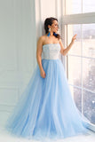 Princess Prom Dresses,Strapless Prom Gown,Sky Blue Prom Dress,Tulle Prom Dress