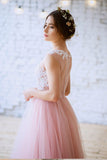 New Arrival Pink Princess Tulle Floor-length Appliques Lace A Line Long Prom Dress OK823