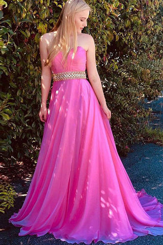 A-Line Sweetheart Sweep Train Fuchsia Chiffon Prom Dresses with Beading Ruched OKQ68