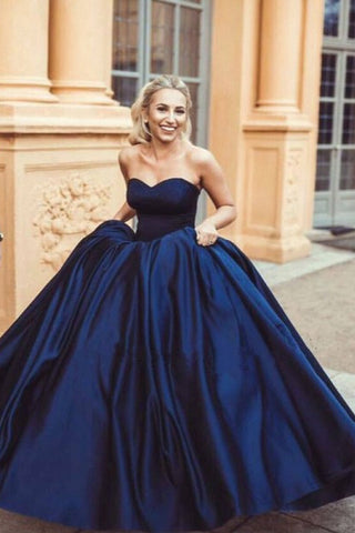 Simple Ball Gown Sweetheart Sleeveless Dark Blue Long Prom Dress OKH11