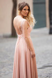 Modest Blush Pink Lace Chiffon Sleeveless Backless A-Line Long Prom Dress OK835