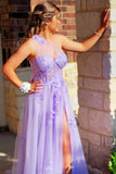 Dreamy Lavender Sheer One-Shoulder Long A Line Tulle Prom Gowns OK1529