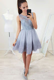 A-Line Round Neck Open Back Short Blue Homecoming Dresses with Lace Appliques OKB82