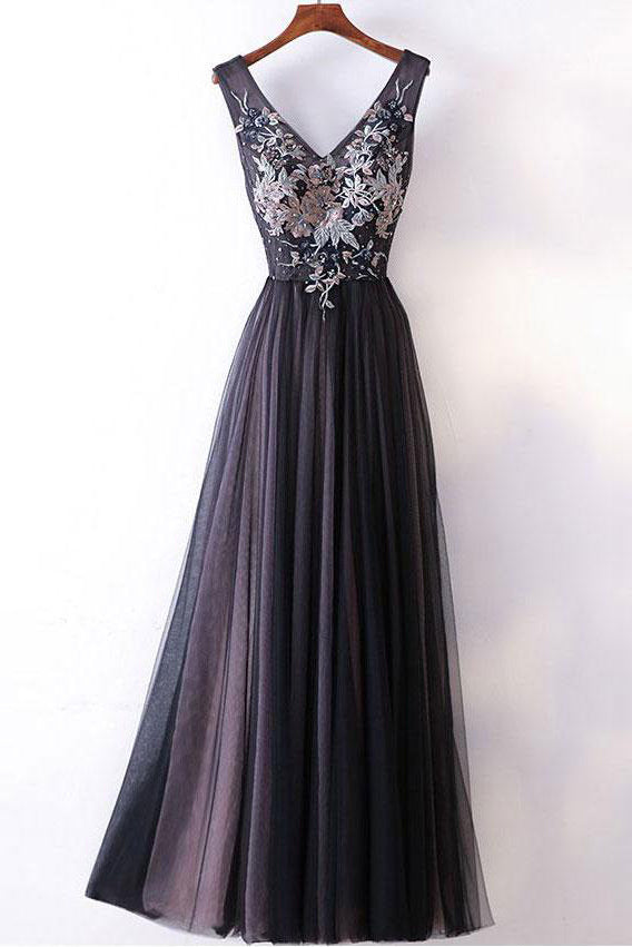 Elegant A-line V-neck Lace Appliqued Lace Up Long Prom Dress Evening Gowns OKA84