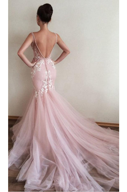 Sexy Appliques V-Neck Mermaid Long Formal Pink Tulle Prom Gowns OK845
