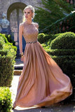 Coral Long Chiffon Lace Floor-length Round Prom Dress With Beads OK783
