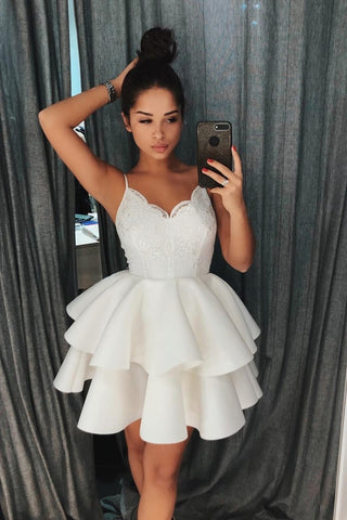 Cute Off White Spaghetti Straps Ruffles Layers Homecoming Dresses with Lace Top OKA63