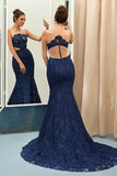Unique Navy Blue Lace See-through Round Neck Mermaid Floor-length Prom Dresses OK986