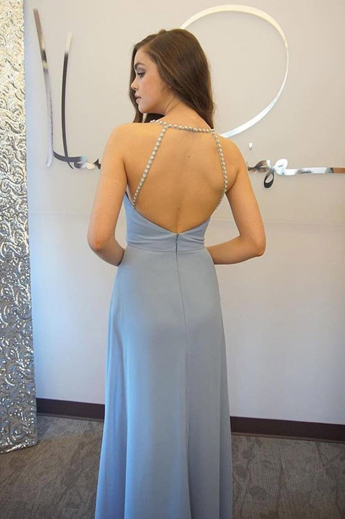 Sexy Blue Open Back Chiffon Long Prom Dresses,Simple Sleeveless Evening Dress OK684