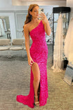 Mermaid Glitter One Shoulder Open Back Prom Dress With Slit Sequins Evening Dress OK1362