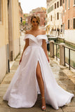 Lace Embroidered Satin Off the Shoulder Wedding Gowns Elegant Bridal Dress OK1425