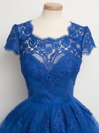 Vintage Scalloped-Edge Cap Sleeves Lace Blue Short Prom Cocktail Party Dress OK327