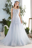 3D Flowers A-line Blue Gray Tulle Long Formal Prom Evening Dresses OKV6