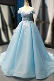 Light Blue Off the Shoulder Ball Gowns Prom Dresses with 3D Flowerss OKV2