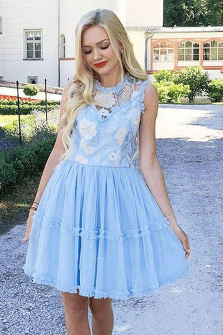 Elegant Jewel Short Cheap Light Blue Tulle Homecoming Party Dress with Lace OKO50