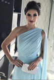 Light Blue One Shoulder Chiffon Formal Prom Gowns, Simple Bridesmaid Dresses OKI35