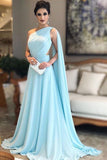 Light Blue One Shoulder Chiffon Formal Prom Gowns, Simple Bridesmaid Dresses OKI35