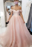 Light Pink Off The Shoulder Long Tulle Prom Evening Dress A Line Simple Party Dress OK1142