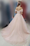 Light Pink Off The Shoulder Long Tulle Prom Evening Dress A Line Simple Party Dress OK1142