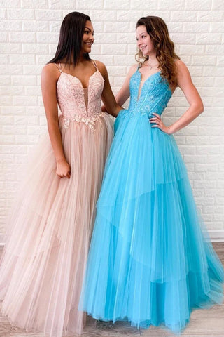 A-line Spaghetti Straps Lace Appliques Long Prom Dress Tulle Evening Dress OKT18