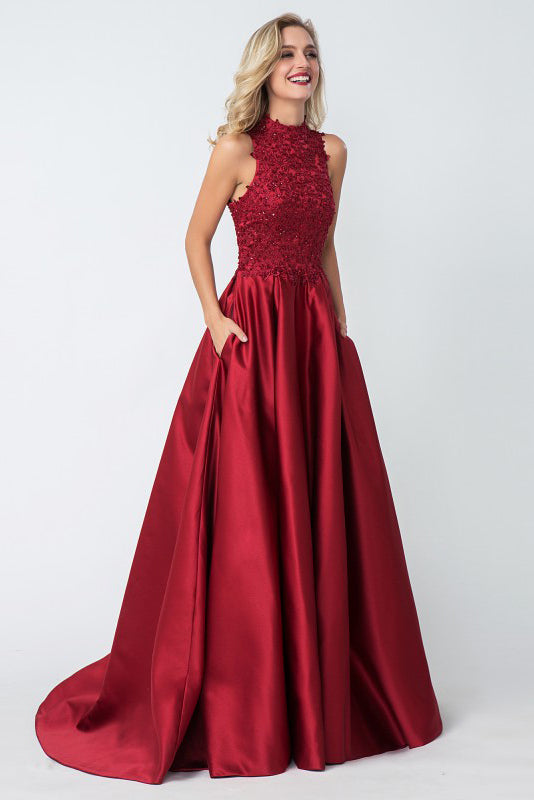 Chic A-line Red High Neck Applique Satin Long Prom Dress Evening Dress OKA67