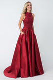 Chic A-line Red High Neck Applique Satin Long Prom Dress Evening Dress OKA67