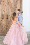Long Beaded Bodice V-neck Neckline Chiffon Pink Prom Dress OKS7