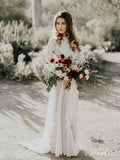 Long Sleeve Ivory Lace See Through Backless Beach Boho Wedding Dress OKF81