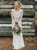 Long Sleeve Ivory Lace See Through Backless Beach Boho Wedding Dress OKF81