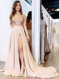 Long Sleeve See Through V Neck Prom Dress Side Slit Formal Prom Party Dress OKH65