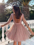 Pink Sequins Long Sleeve Short Homecoming Dress Backless Formal Dress OKO7