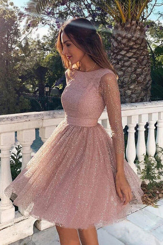 Pink Sequins Long Sleeve Short Homecoming Dress Backless Formal Dress OKO7