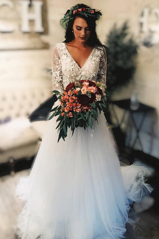 Long Sleeve Lace Tulle V Neck Boho Beach Wedding Dress Rustic Bridal Dress OKH76