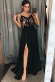 Chic A-Line Spaghetti Straps Black Split Long Prom Dress with Lace OKA87