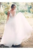 Floral Open Back Deep V-neck Straps Tulle Appliques Prom Dresses Wedding Dress OK180