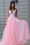 Pink A-line Tulle Spaghetti Straps Prom Dress Long Lace Appliques Formal Evening Dress OKX78